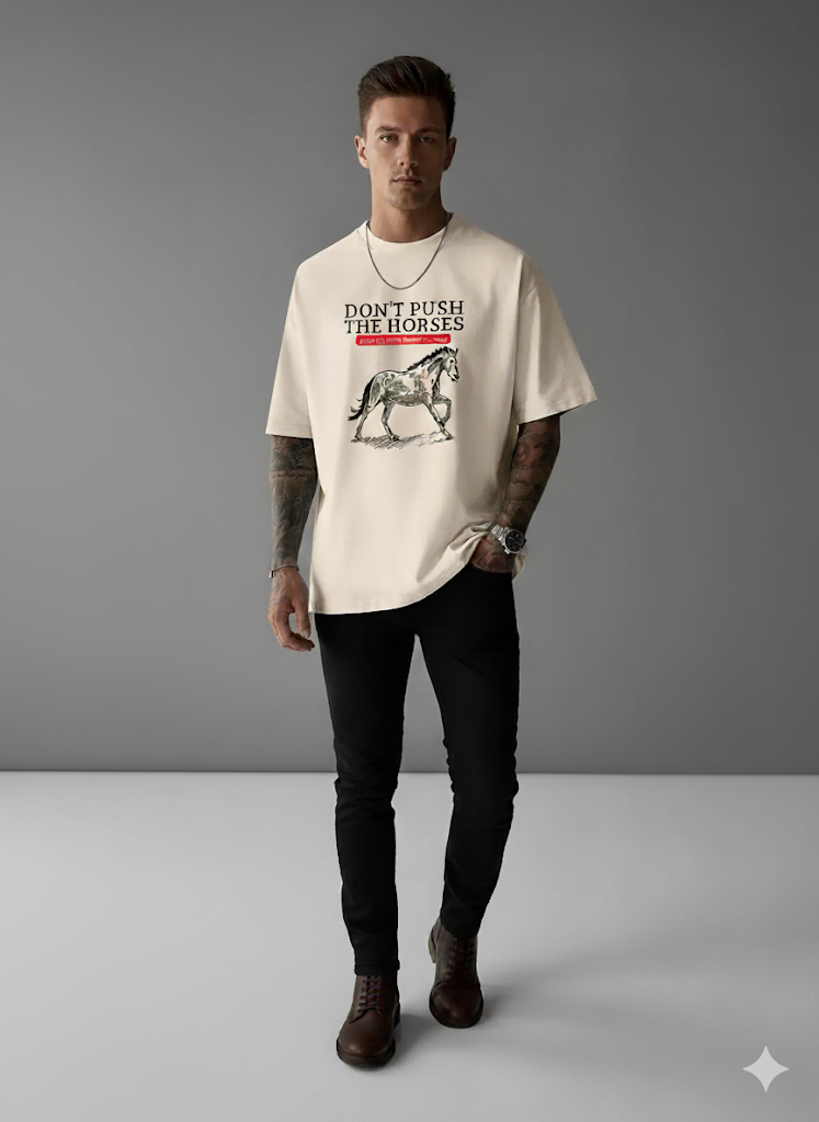 Męski T-shirt z nadrukiem "Don't Push the Horses" (kolor: brzoskwinia)