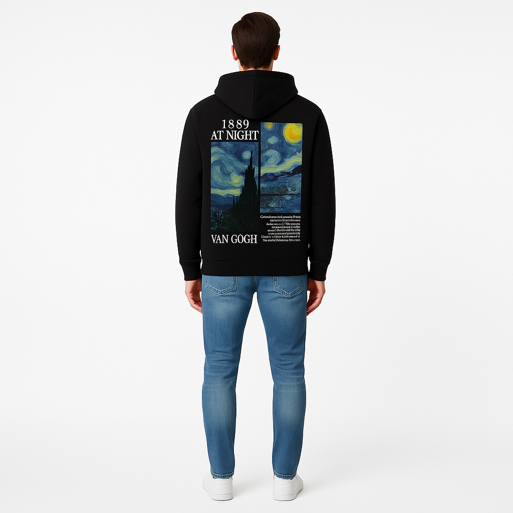 Męski Hoodie inspirowany obrazem „Gwistera noc” Van Gogha z 1889 roku (granatowy)