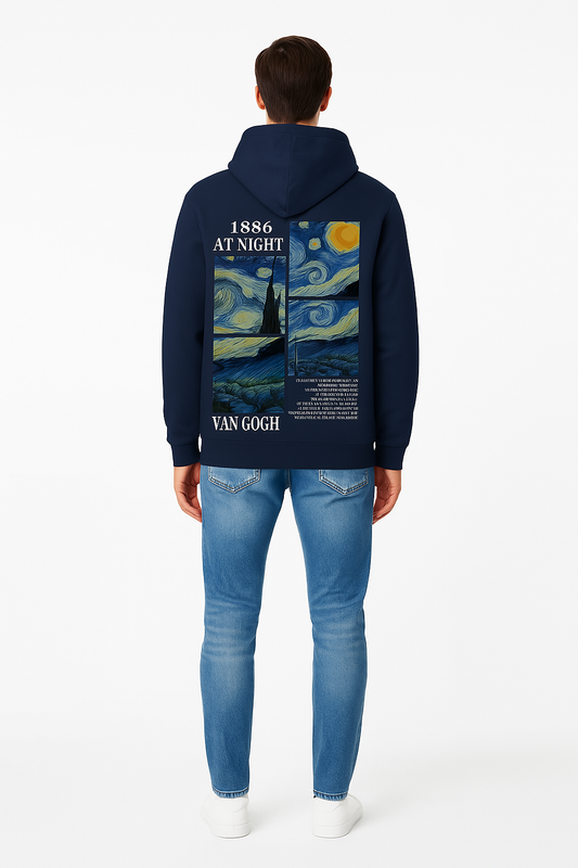 Męski Hoodie inspirowany obrazem „Gwistera noc” Van Gogha z 1889 roku (granatowy)