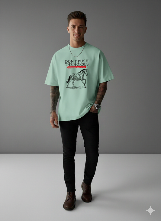 Męski T-shirt z nadrukiem "Don't Push the Horses" (jasny zielony)