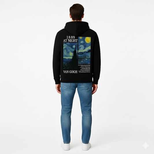 Bluza męska z kapturem inspirowana obrazem „Gwiasnista noc” Van Gogha z 1889 roku (czarna)