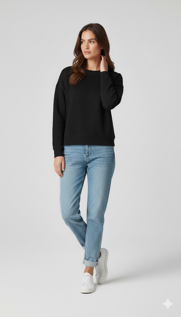 Czarny sweter z okrągłym dekoltem - damski, luźny krój, bawełniany fleece