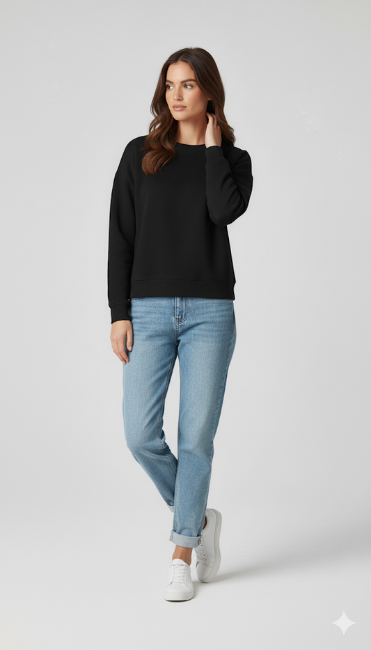 Czarny sweter z okrągłym dekoltem - damski, luźny krój, bawełniany fleece