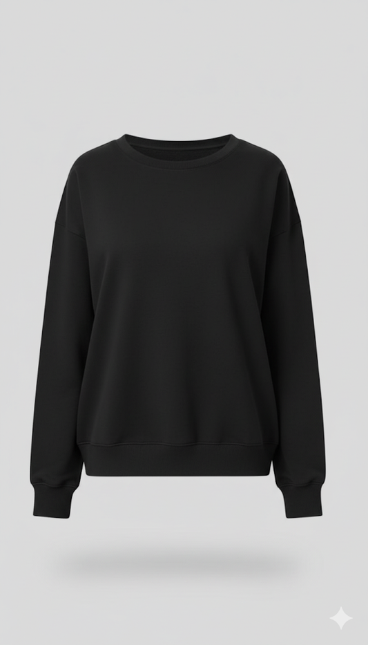 Czarny sweter z okrągłym dekoltem - damski, luźny krój, bawełniany fleece