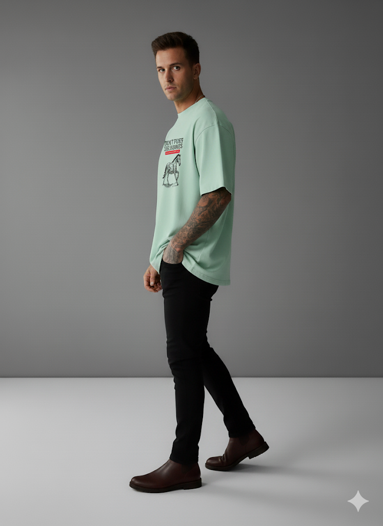 Męski T-shirt z nadrukiem "Don't Push the Horses" (jasny zielony)