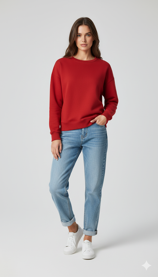 Czarny sweter z okrągłym dekoltem - damski, luźny krój, bawełniany fleece