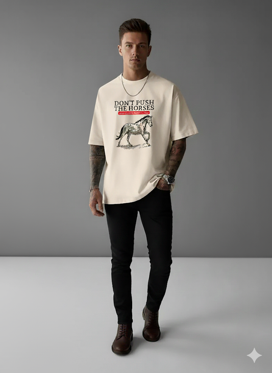 Męski T-shirt z nadrukiem "Don't Push the Horses" (kolor: brzoskwinia)